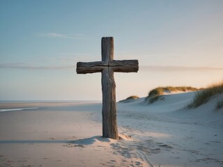 A rustic wooden cross on a deserted beach