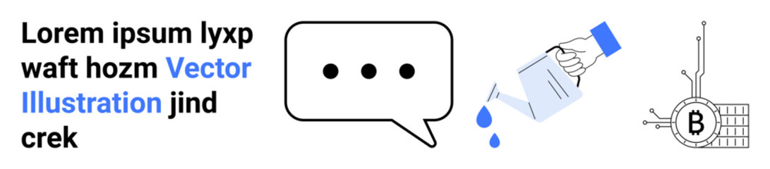 Hand watering cryptocurrency, chat bubble with dots, and textual elements. Ideal for digital finance, business, blockchain, communication, technology, crypto investments, online discussions. Landing
