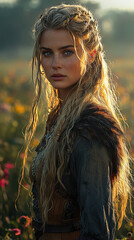 Fierce Viking Warrior Woman with Intricate Face and Body Tattoos in Diverse Natural Settings, from Stormy Seas to Misty Forests, Showcasing Strength, Beauty, and Battle Readiness
