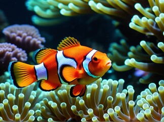 Bright clownfish swimming among colorful sea anemones in a vibrant coral reef habitat