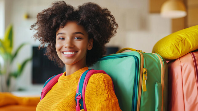 In a modern home, a woman prepares for her journey, organizing her travel essentials into a colorful suitcase. Her cheerful demeanor reflects the anticipation of exploring new dest