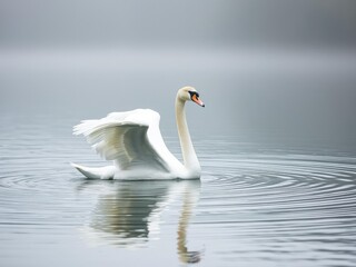 Fototapeta premium A swan spreads its wings, allowing them to skim across the surface of the misty lake, creating ripples in the otherwise glassy water, wings, water, glide