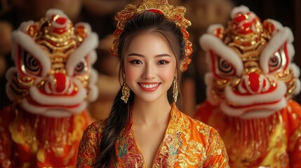Elegant Woman in Flowing Red and Gold Dress Posing Gracefully in a Lush Green Garden Surrounded by Colorful Flowers and Soft Natural Light