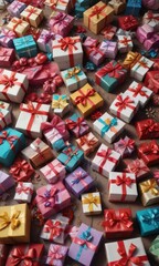 Fototapeta premium A vast array of unwrapped gifts scattered across the floor, each one carefully wrapped in paper and adorned with bows and ribbons , presents, bows, wrapping paper