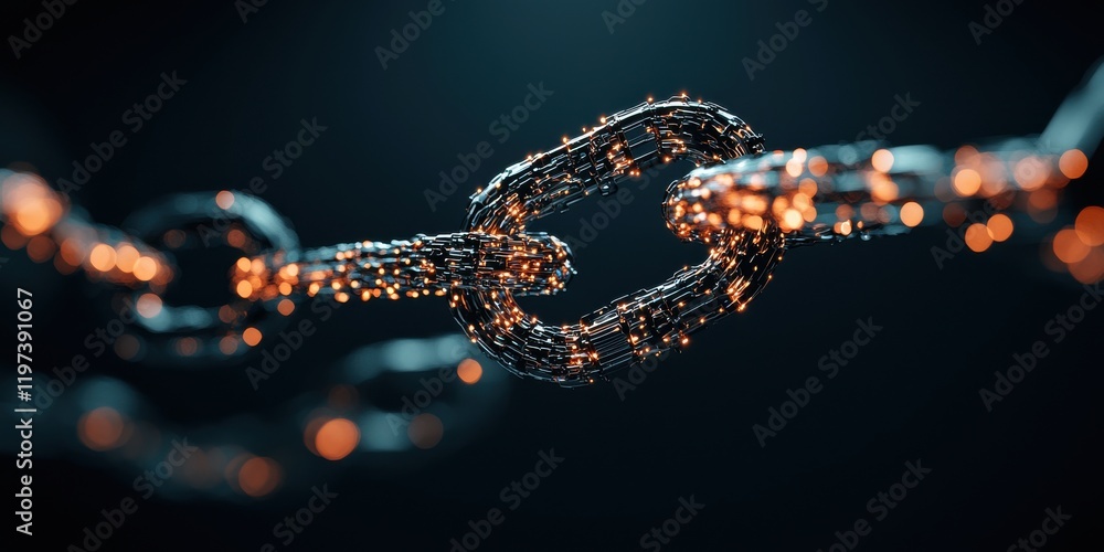 Poster a close-up view of metallic chains, intricately linked and illuminated, creating a dramatic contrast