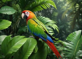 Fototapeta premium A vibrant parrot perched on a large green leaf in the tropical environment, bird, leaf