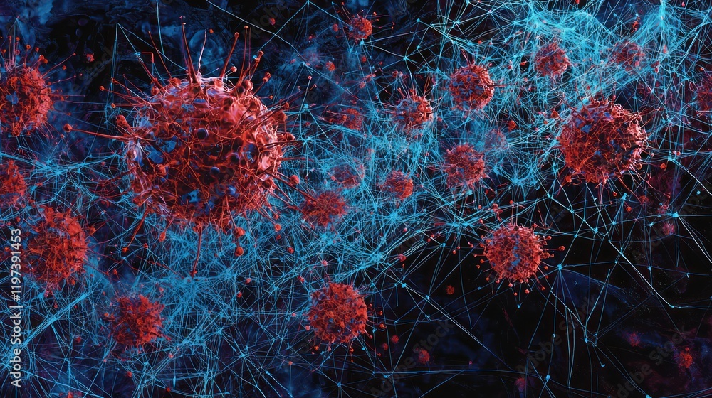 Poster 3d rendering showcasing a network of interconnected viruses. the image depicts the complex structure
