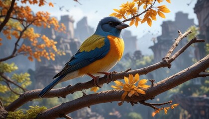 Obraz premium A bird perched on a branch with an open air package in front of it , wingspan, forest