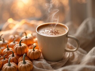 Obraz premium Pumpkin spice latte in a mug surrounded by mini pumpkins and warm light