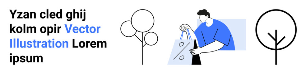 Man in blue shirt carrying bags, circular tree icons, and random text elements. Ideal for shopping, environmental themes, blog posts, advertisements, social media posts, web design education
