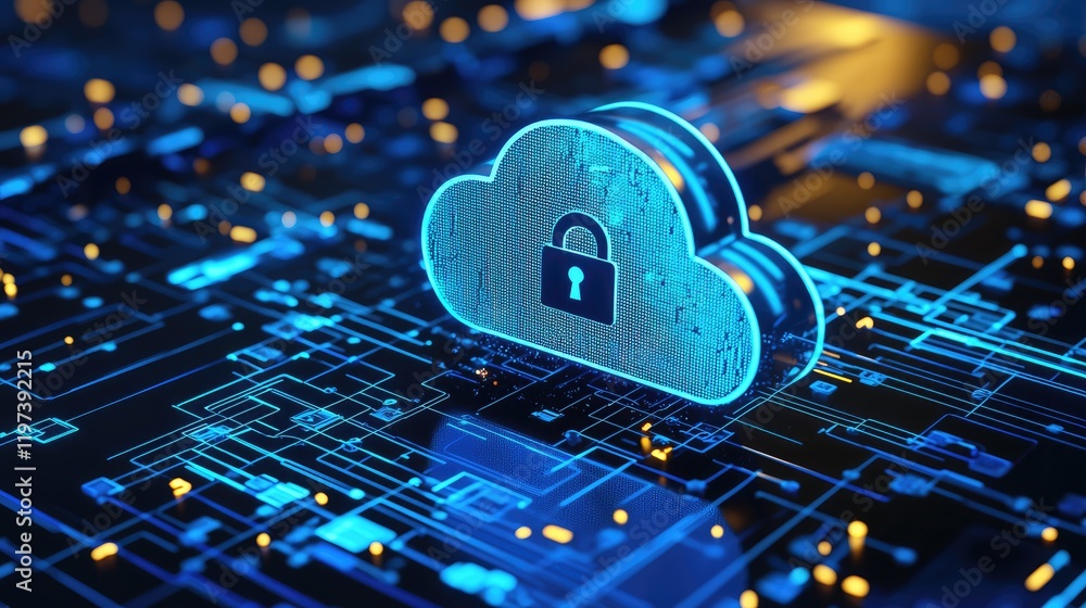 Poster Blue illuminated cloud with a padlock symbol over a high-tech digital grid, representing data security and cloud computing. Perfect for cybersecurity and IT visuals