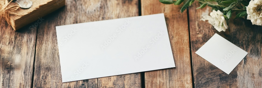 Poster blank cards on wooden table with flowers providing a cozy space for text creation or design. generat