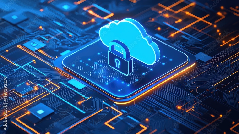 Poster Glowing blue cloud with a padlock over a futuristic circuit board, symbolizing data security and cloud technology. Ideal for technology, IT solutions, and cybersecurity themes