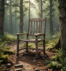 A weathered wooden chair sits alone on a forest floor, wooden furniture, outdoor furniture
