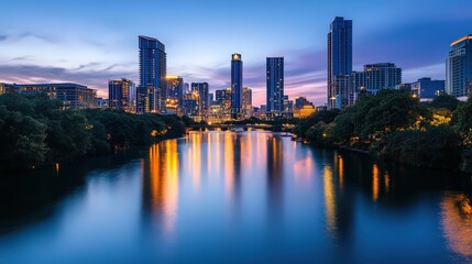 Fototapeta premium A city skyline glowing at dusk, with silhouettes of urban architecture reflecting off a calm river.
