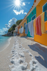 Cabines de plage vibrantes, colorées, soleil éclatant, serviettes, sable, empreintes