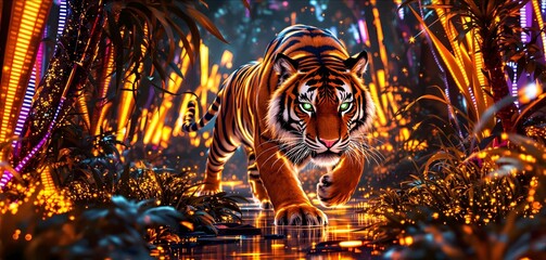Tiger with glowing eyes walking in a digital jungle