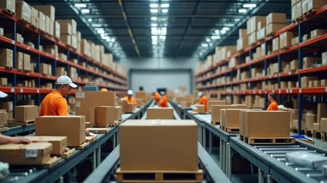 Workers Organizing Packages and Loading Them onto Conveyor Belts in Massive Warehouse