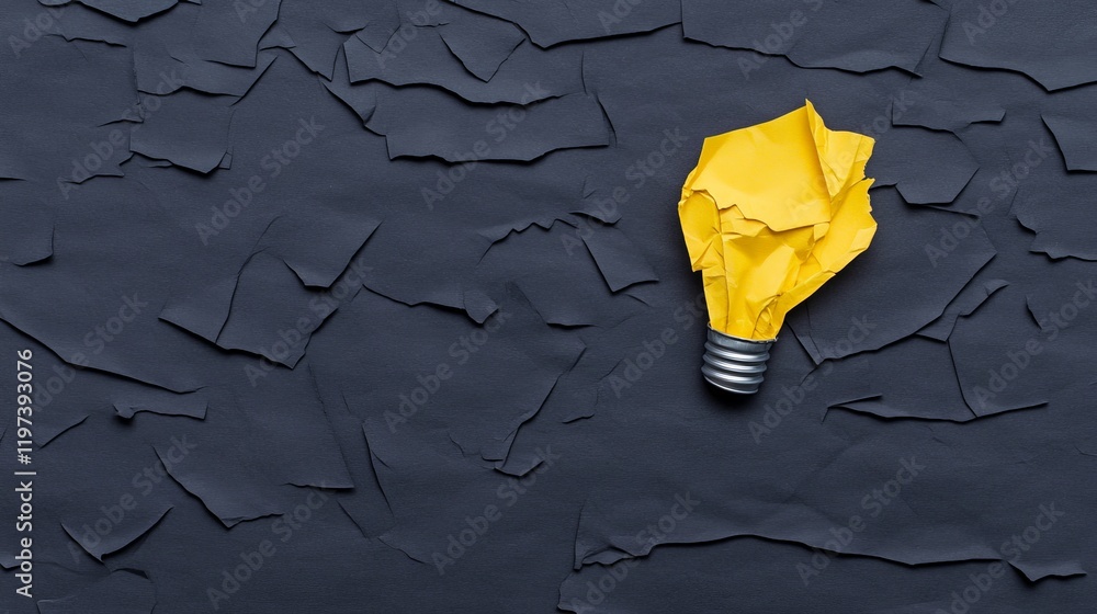 Poster yellow crumpled paper lightbulb: a creative concept image featuring a crumpled yellow paper lightbul