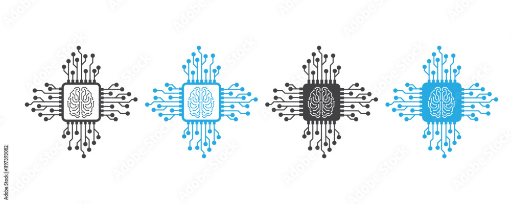 Poster Artificial intelligence AI processor chip with digital brain icon.  Motherboard digital chip AI and machine learning design. Icon element for application and web. Vector illustration.