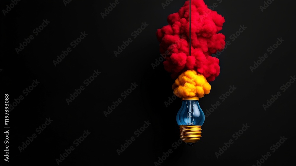 Poster illuminating ideas: a vibrant abstract image featuring a lightbulb with red and yellow ink clouds sw
