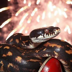 Obraz premium A snake with fireworks in the background, creating a dramatic scene.