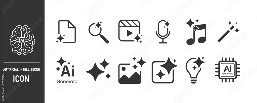 Poster Set of generate ai icon. Creating images, videos, audio, and data with AI. Artificial intelligence icon element for application and web. Vector illustration.