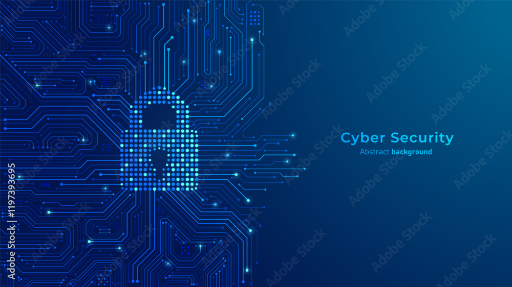 Poster Concept of cybersecurity and information protection. The Padlock on circuit motherboard and, futuristic blue background. Secure technology and computer network protection. Vector illustration.