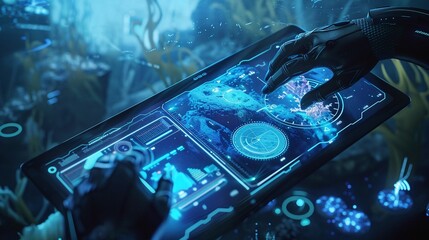 Futuristic augmented reality digital interface with holographic displays data analytics and interactive controls for innovation