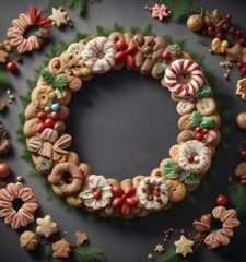 Obraz premium A wreath made of Christmas cookies and candies, christmas, snickerdoodles, treats