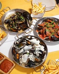 Trio of Mussels with French Fries and Sauces