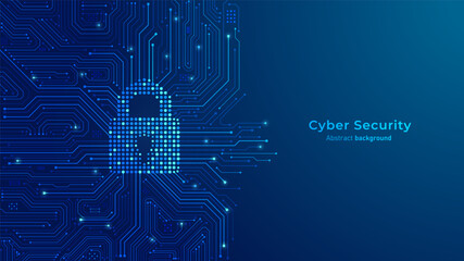 Concept of cybersecurity and information protection. The Padlock on circuit motherboard and, futuristic blue background. Secure technology and computer network protection. Vector illustration.