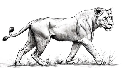 Fototapeta premium Majestic Lioness Walking Grasses Detailed Pencil Sketch