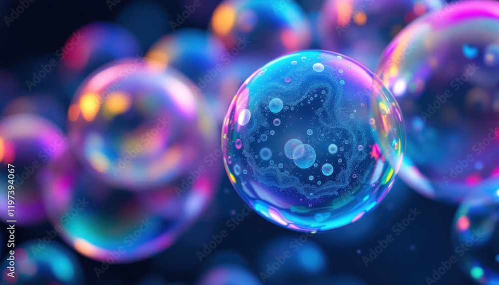 Poster vibrant multicolored soap bubbles with reflections in dark background