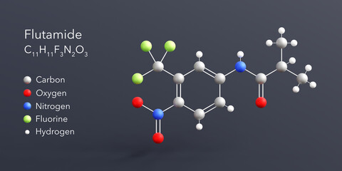 flutamide molecule 3d rendering, flat molecular structure with chemical formula and atoms color coding