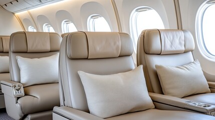 Obraz premium Elegant private jet interior showcases plush beige leather seats beside windows, perfect for luxurious travel and relaxation in the skies