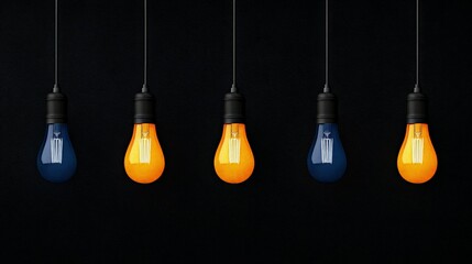 Lightbulb Lineup: A row of five light bulbs, alternating between blue and yellow, hangs against a stark black background.