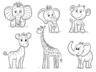Fototapeta premium Charming Sketch: Adorable African Animals in Playful Line Art