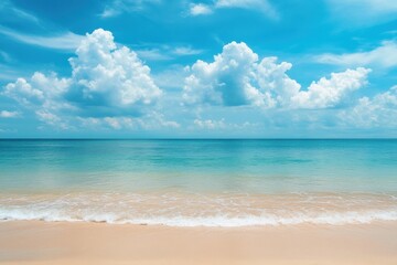 Fototapeta premium Vibrant coastal view with clear skies and serene waters ideal for creative text placement. Generative AI