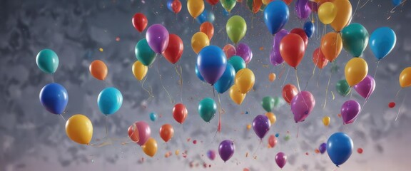 Abstract composition of rainbow-colored balloons floating in the air, festive, LGBTQ+, helium balloons