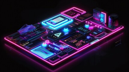 Fototapeta premium Futuristic neon digital technology circuit board with glowing geometric polygon shapes in a abstract 3D render background