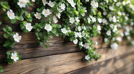 Wooden fence adorned with vibrant greenery and small white flowers in natural outdoor setting