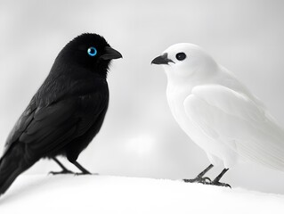 Contrasting Avian Pair: Black and White Birds in a Minimalist Winter Scene