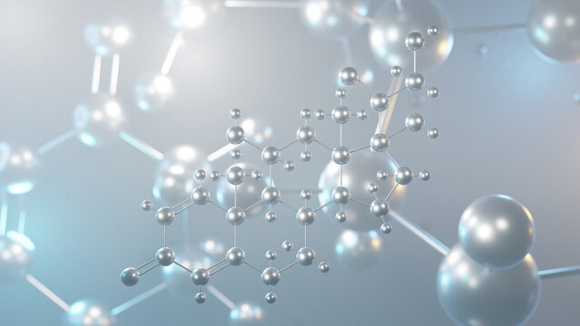 prednisolone molecular structure, 3d model molecule, corticosteroid, structural chemical formula view from a microscope