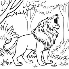 lion  in jungle coloring page for children, outline, education, line, outline, art, sketch