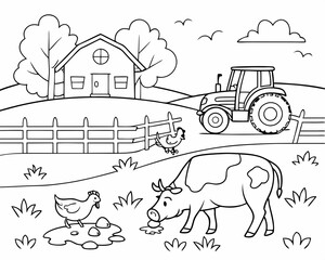 farm in the countryside coloring page for children, outline, education, line, outline, art, sketch © PNGHUB