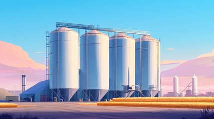 Obraz premium Tranquil Sunset Over Grain Silos: A Serene Industrial Landscape