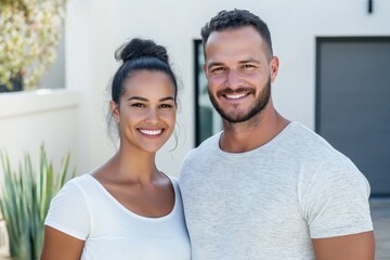 Obraz premium A man and woman are smiling for the camera. The man is wearing a white shirt and the woman is wearing a white shirt