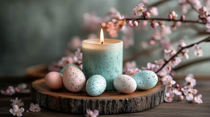 Beautiful spring arrangement with blossoms, decorative eggs, and a candle on a wooden platter