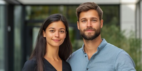 Fototapeta premium A man and a woman are standing next to each other. The woman is wearing a black dress and the man is wearing a blue shirt. They both have a smile on their faces